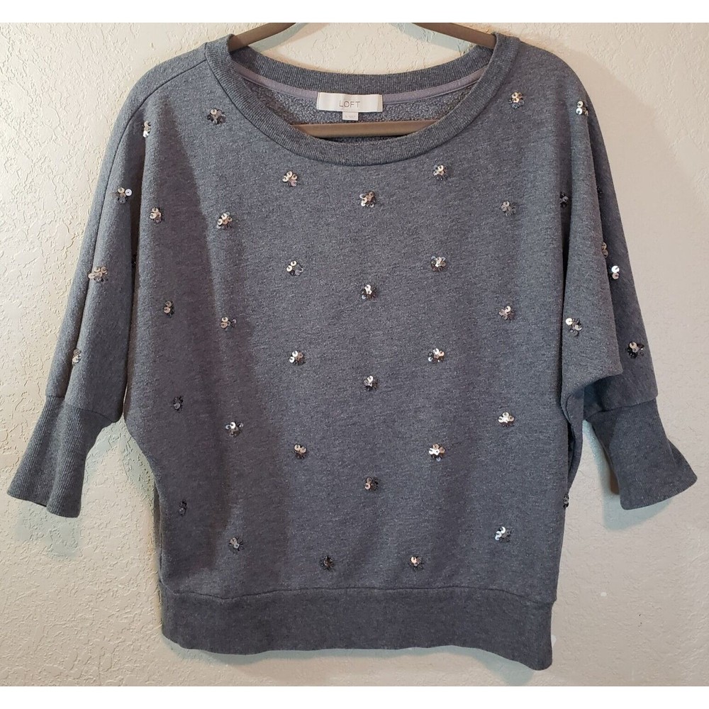Ann Taylor Loft Sequin Embellished Dolman Sleeve Sweater, Sz Small Grey